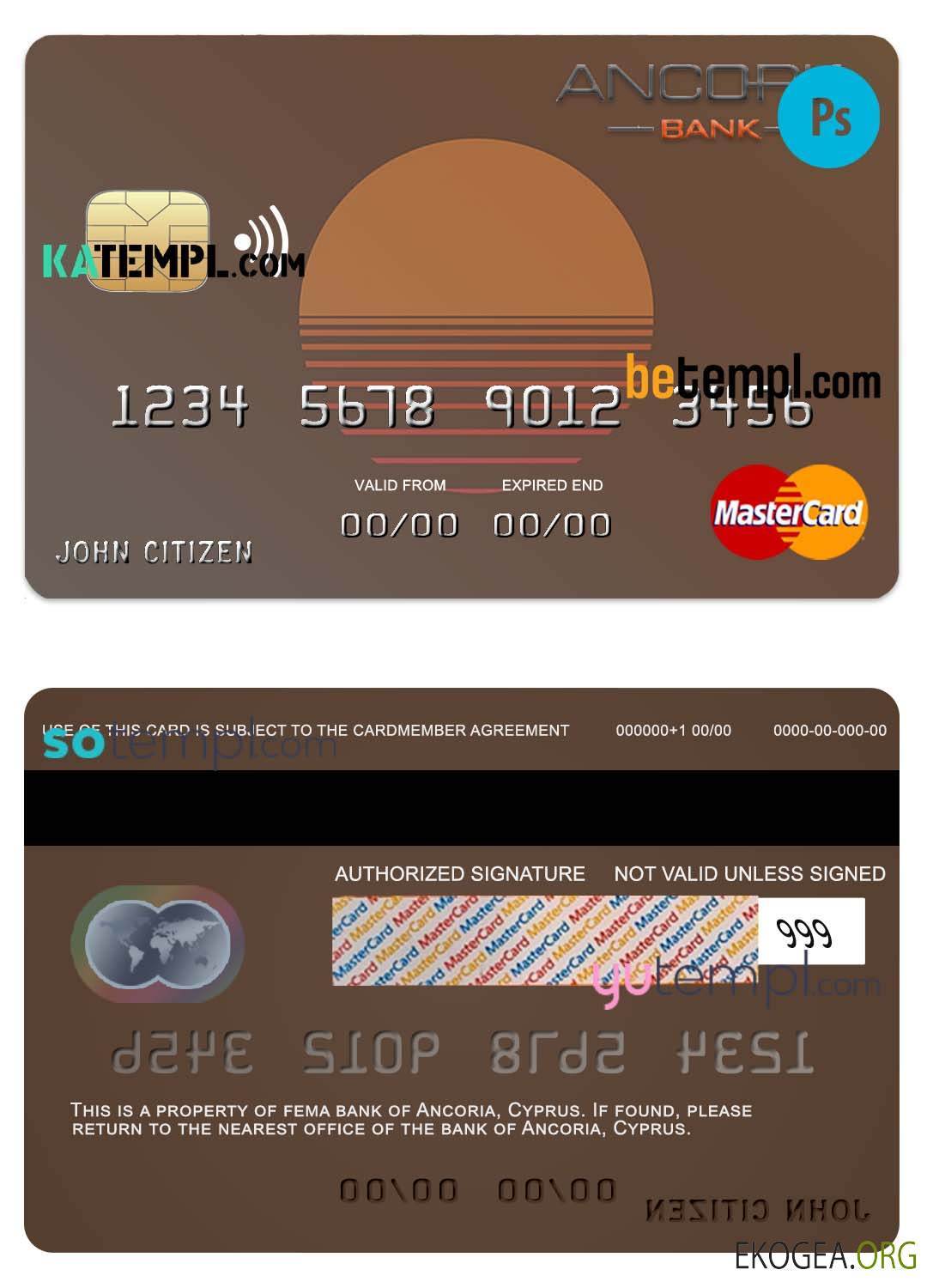 Modèle de carte mastercard de la banque Ancoria de Chypre au format PSD, entièrement modifiable